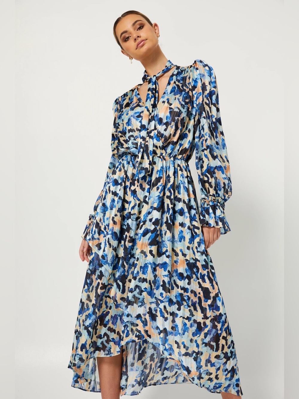 Elliatt Lucid Dress Women’s Small Floral Chiffon Maxi Dress Lined Blue Leopard